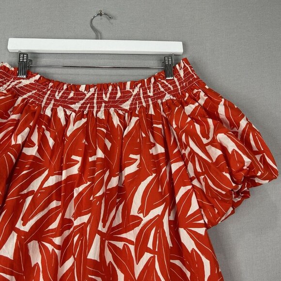 Whit Two Anthro Womens Dress Medium Red Banana Leaf Off Shoulder Smocked Poplin - Picture 2 of 13